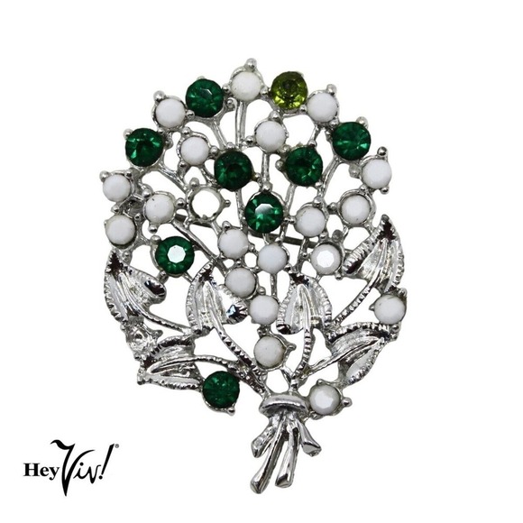 Vintage Green Rhinestone and White Pin Brooch Blooming Bouquet 2.25" - Hey Viv - Picture 1 of 6
